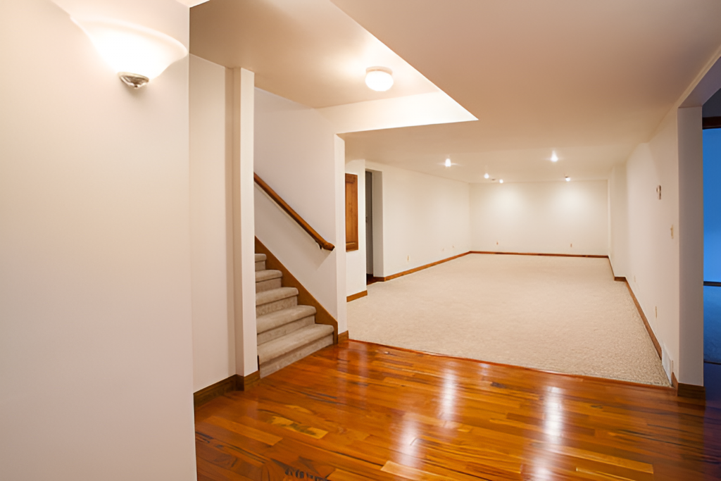 basement with hardwood and carpet flooring